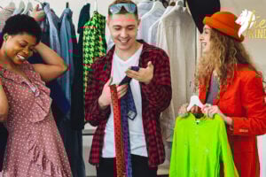 Group of 3 friends shopping in s a thrift store