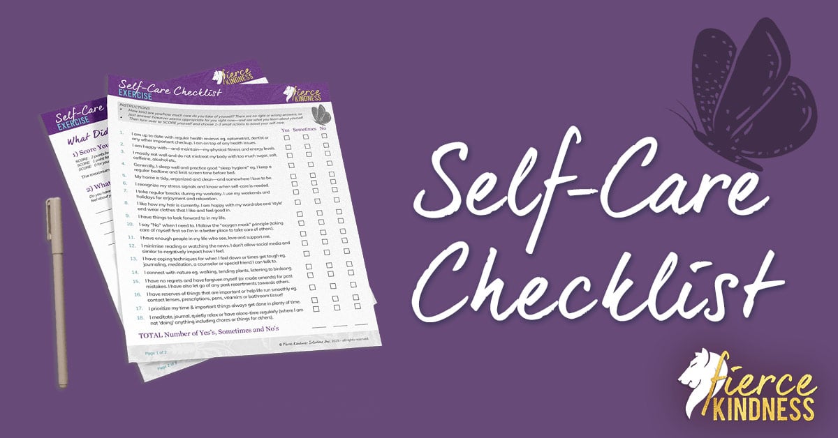Image of Self-Care Checklist on mauve background with butterfly