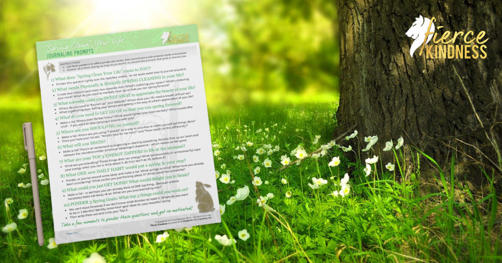 Spring Journal Prompts against flowery background with tree