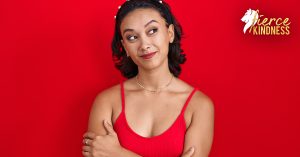 Woman on red background considering response to Eustress