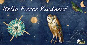 Hello Fierce Kindness! with owl, stars, sea urchin and butterfly against night sky