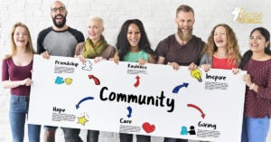 Diverse group of people holding board that says community