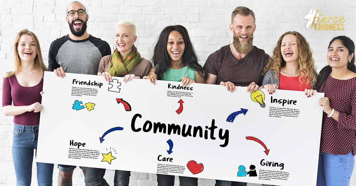 Diverse group of people holding board that says community