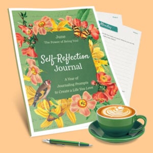 June MAIN Journaling Prompts Product Image with cup and pen