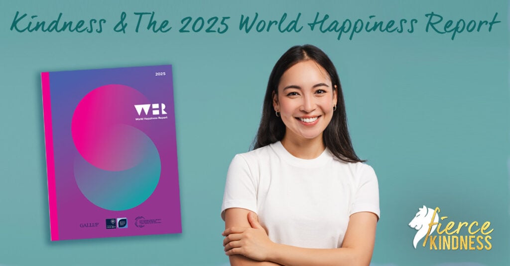 Smiling Woman with World Happiness Report next to her