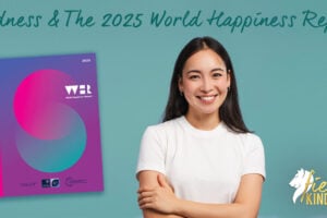 Smiling Woman with World Happiness Report next to her