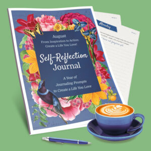 August MAIN Journaling Prompts Product Image with cup and pen