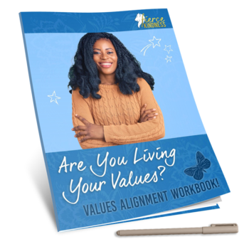Are You Living Your Values Workbook Image with Happy Smiling Woman on the cover and a pen