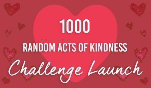 1000 RAKs Challenge Launch text over large heart with read background and hearts