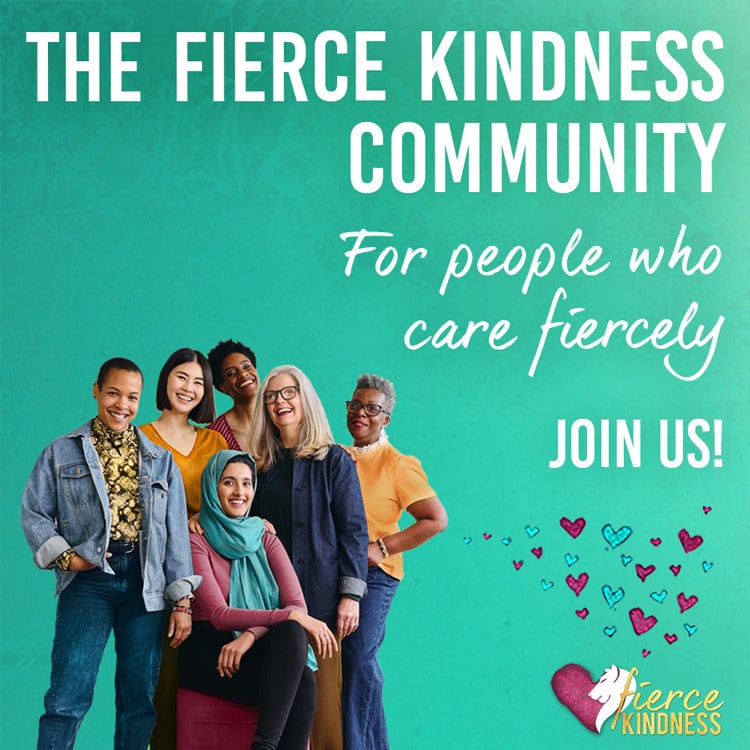 Image of diverse people on gradient background saying The Fierce Kindness Community: Join us!